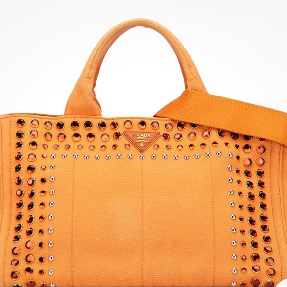 Prada Handbags - Prada Large Studded Canapa Orange 
2 Way Handbag with crossbody strap